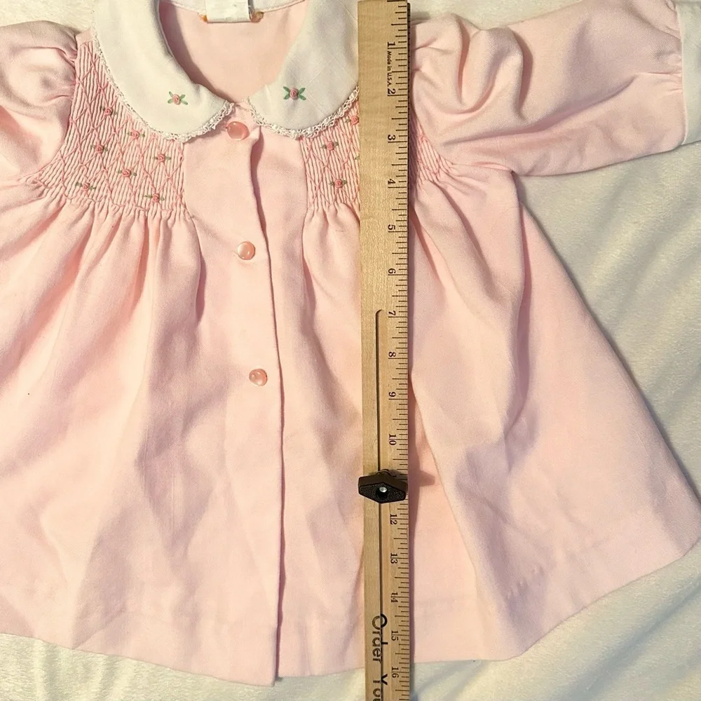Vintage Pink Baby Girl Coat Dress 6-9M floral rose embroidered smocked unbranded
